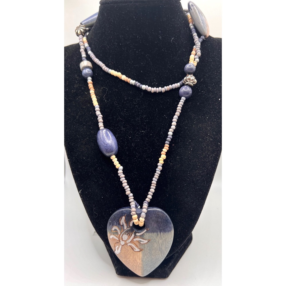 Boho Heart Pendant Necklace 32" Wood Beaded Long Statement‎ - Picture 3 of 8